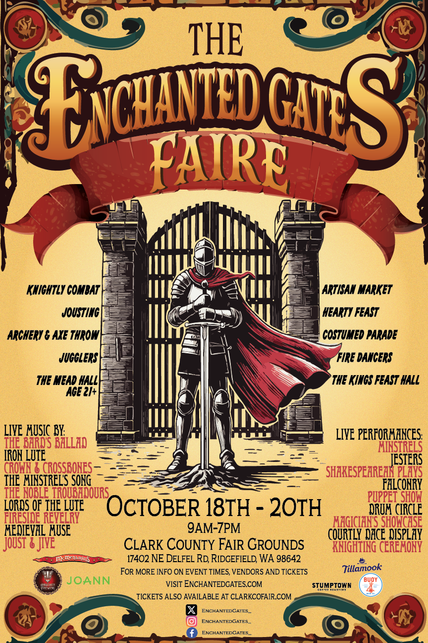Renaissance poster with a knight in red cape standing infront of a gate